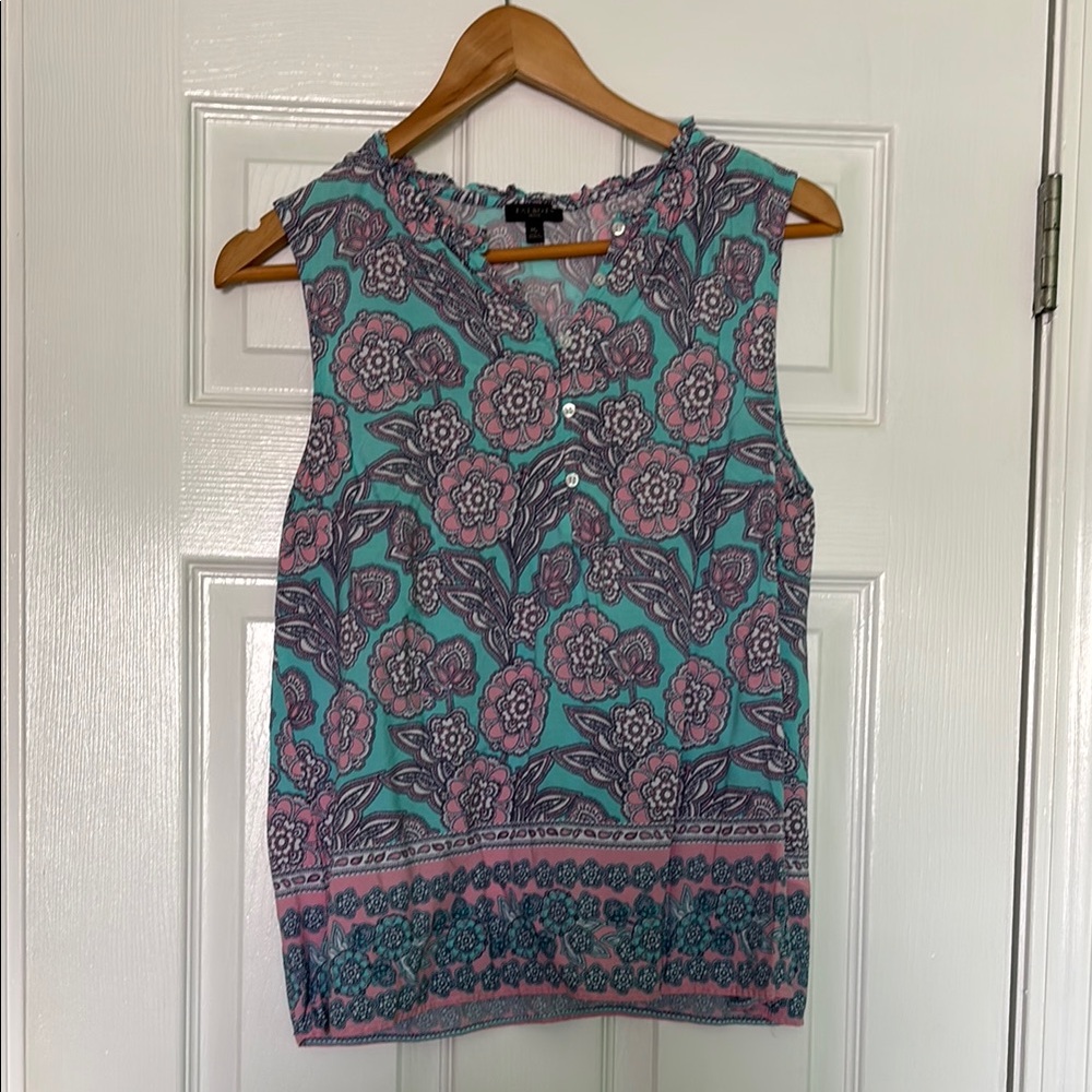 Talbots Blue and Pink Sleeveless Blouse Relaxed Buttoned